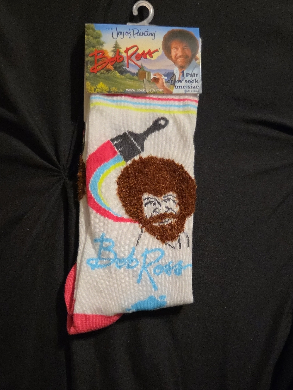 Bob Ross White Crew Socks with Colorful Paintbrush Design